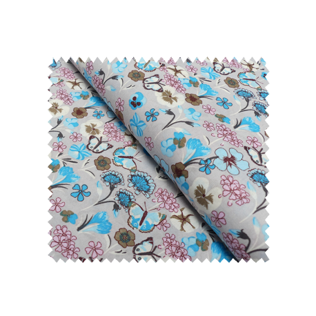 Tissu Coton Imprimé Fleurs Bleues sur Fond Gris
