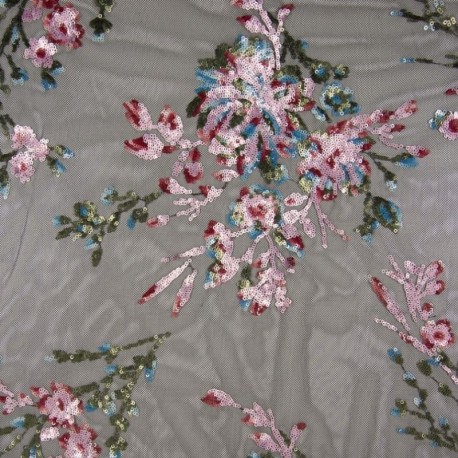 Tissu Broderie Sequin sur Tulle Lilas Rose 