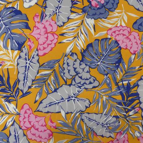 Tissu Popeline Imprime Tropical Fond Jaune