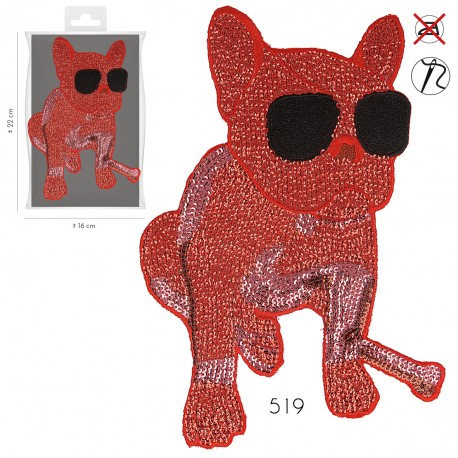 Ecusson bouledogue à lunette sequins - Rouge