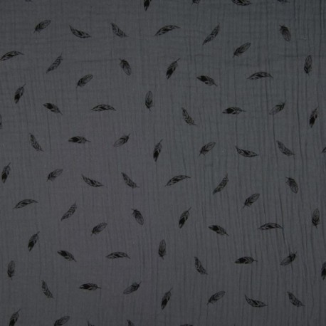 Tissu Double Gaze Imprimé Plume Gris Foncé 