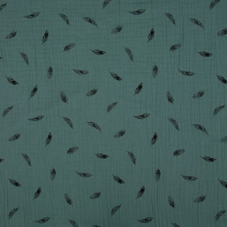 Tissu Double Gaze Imprimé Plume Vert 