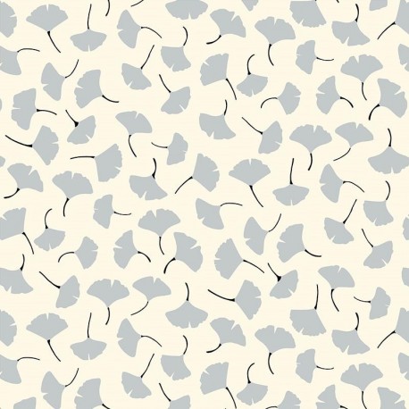 Tissu Cretonne Ginkgo Ivoire et argent 