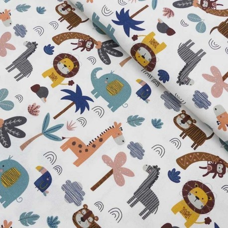 Tissu Bachette Imprimé Jungle Fun Blanc