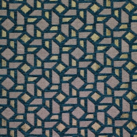 Tissu Jacquard Memphis Fils Doré Bleu Paon