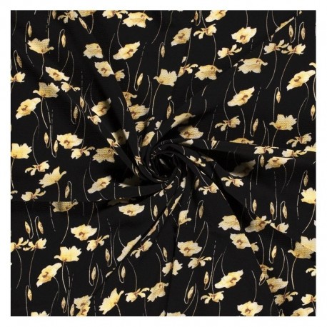 Tissu Crepe Noir Imprime Feuillage 