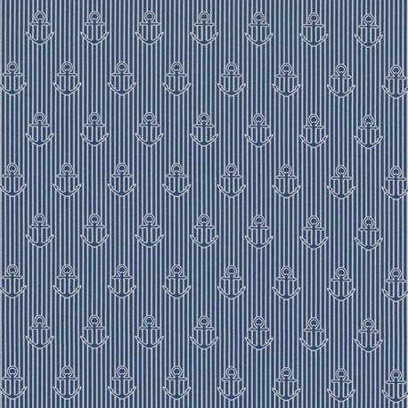 Tissu Toile Imprimée Ancre Fond Bleu