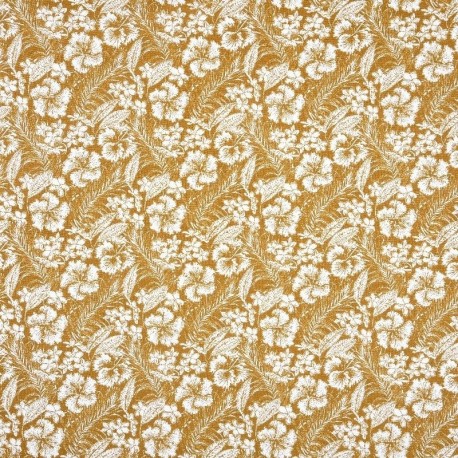 Tissu Imprimé Hibiscus Moutarde 