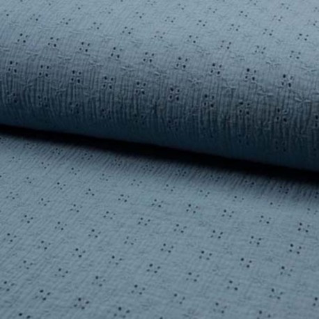 Tissu Double Gaze Broderie Anglaise Bleu 