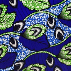 Tissu Wax Imprimé Motif Floral Vert sur Fond Bleu