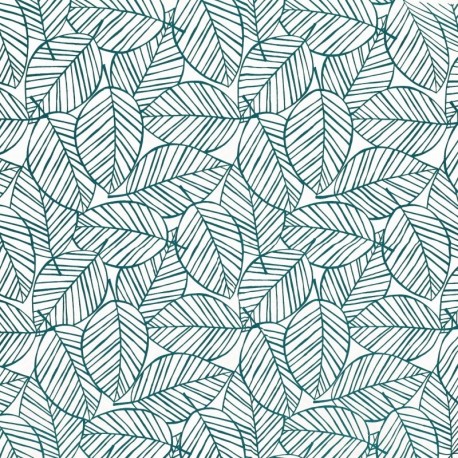 Tissu Feuilles Coton 57fils Bleu Canard 