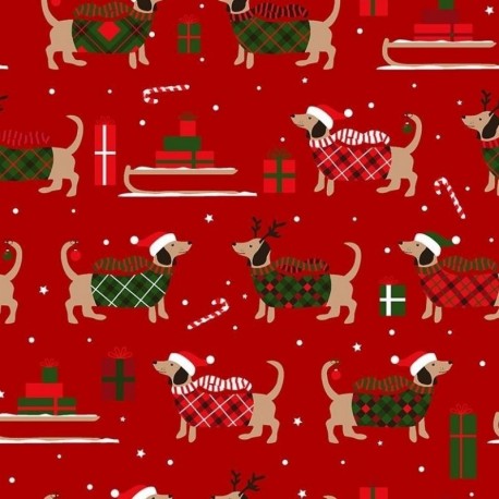 Tissu Coton Imprimé Basset Rouge 