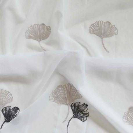 Tissu Voile Brode Ginkgos Gris 