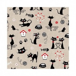 Tissu Chats Noirs Fond Coloris Lin