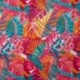 Tissu Satin Polyester Imprimé Feuilles Fuchsia