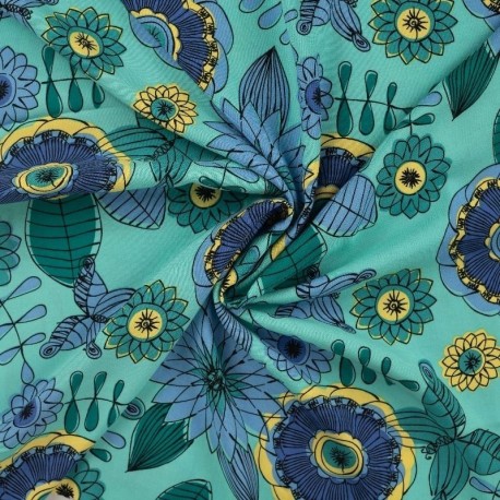 Tissu Viscose Chally Imprimé Fleurs Bleu Royal 