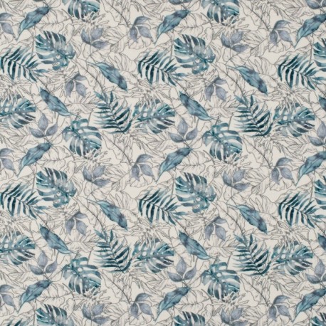 Tissu Jersey de Coton Bio Imprimé Feuille Bleu