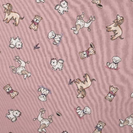 Tissu Jersey de Coton Imprimé Chien Rose 