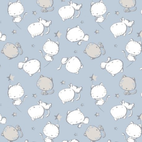 Tissu Jersey de Coton Imprimé Chat Bleu 