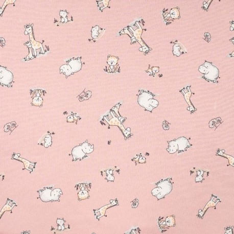 Tissu Jersey de Coton Imprimé Bébé Animal Rose 