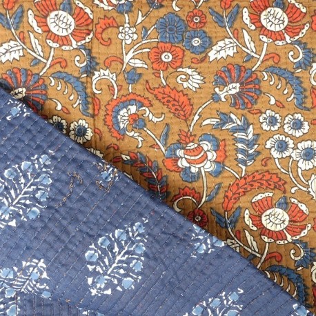 Tissu blockprint Imprimé Tampons Mains Matelassé Double Face Fleur Fond Caramel