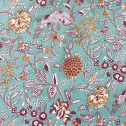 Tissu Blockprint Impression Tampons Mains Fleur Fond Bleu