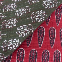 Tissu Blockprint Imprimé Tampons Mains Matelassé Double Face Rouge Vert