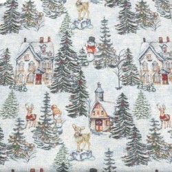 Tissu Jacquard Kiruna Sapin et maison Lurex Argent