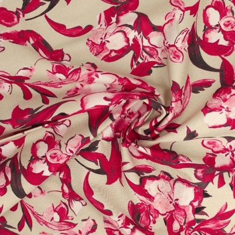 Tissu Popeline de Coton Impression Digitale Floral Fond Beige