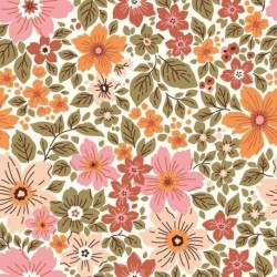 Tissu Popeline Impression Digitale Fleurs Kaki et rose 