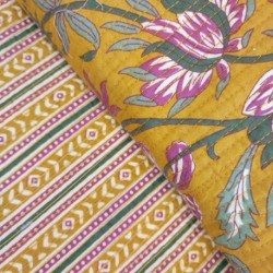 Tissu Blockprint Imprimé Tampons Mains Matelassé Double Face Jaune