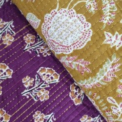 Tissu Blockprint Imprimé Tampons Mains Matelassé Double Face Moutarde Violet