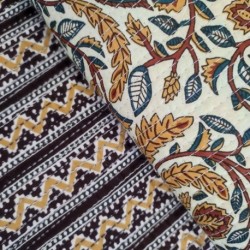 Tissu Blockprint Imprimé Tampons Mains Matelassé Double Face Ecru Marron