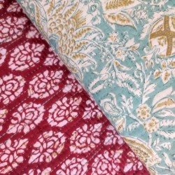 Tissu Blockprint Imprimé Tampons Mains Matelassé Double Face Rouge Bleu clair