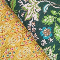 Tissu Blockprint Imprimé Tampons Mains Matelassé Double Face Vert Jaune