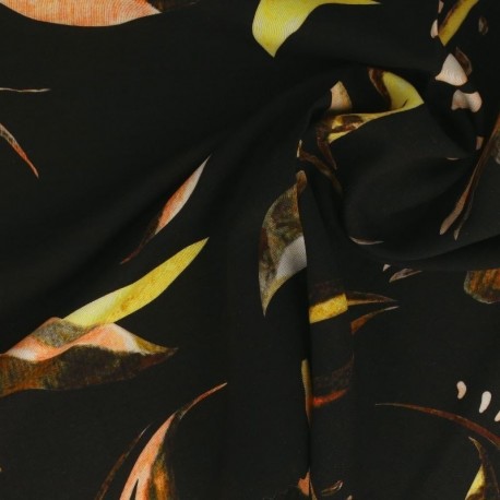 Tissu Popeline de Viscose Imprimée Feuille Fond Noir