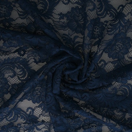 Tissu Dentelle Elastique Roses Bleu 