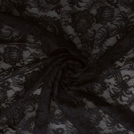 Tissu Dentelle Elastique Roses Noir 