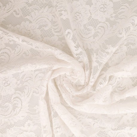 Tissu Dentelle Elastique Roses Blanc