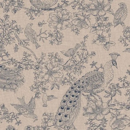 Tissu Fleurs Et Oiseaux Fond Coloris Lin 