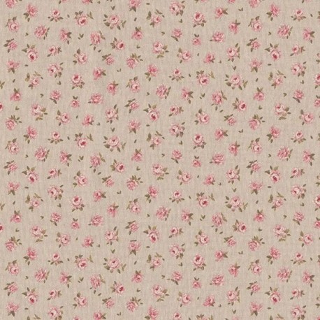 Tissu Fleurs Rose Fond Coloris Lin