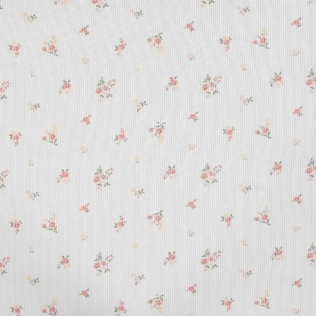 Tissu Jersey Côtelé Coton Imprimé Fleurs Ecru