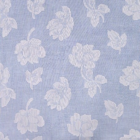 Tissu Voile Coton Tissé Teint Brodé Rayure Bleu
