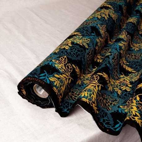 Tissu Wax Imprime Mix Feuille Bleu Jaune