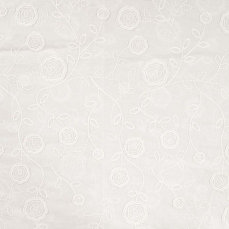 Tissu Coton Brodé Fleurs Blanc