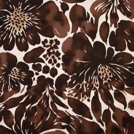 Tissu Satin Viscose Imprimé Fleurs Marron