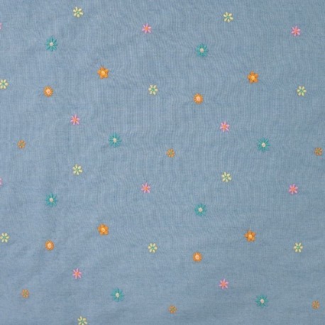 Tissu Jean Fin Brodé Fleurs Multico 