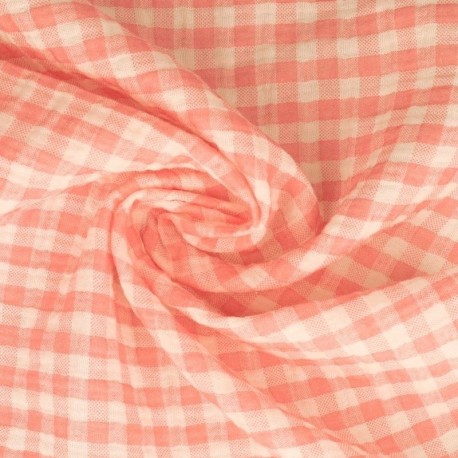 Tissu Double Gaze Imprimée Vichy Rose 