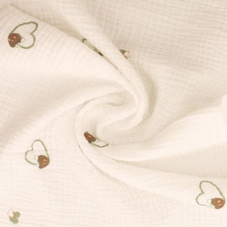 Tissu Double Gaze Imprimée Coeur Vert 