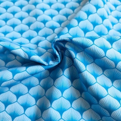 Tissu Popeline Eventails Bleu Turquoise 